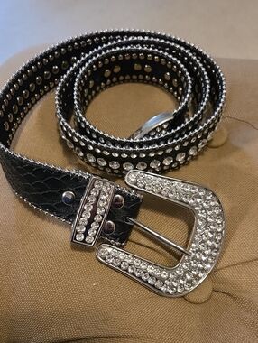 Black Leather Crystal Rhinestone Studded Women's Belt